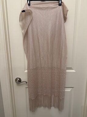 Beige Metallic Knit Fringe Shawl